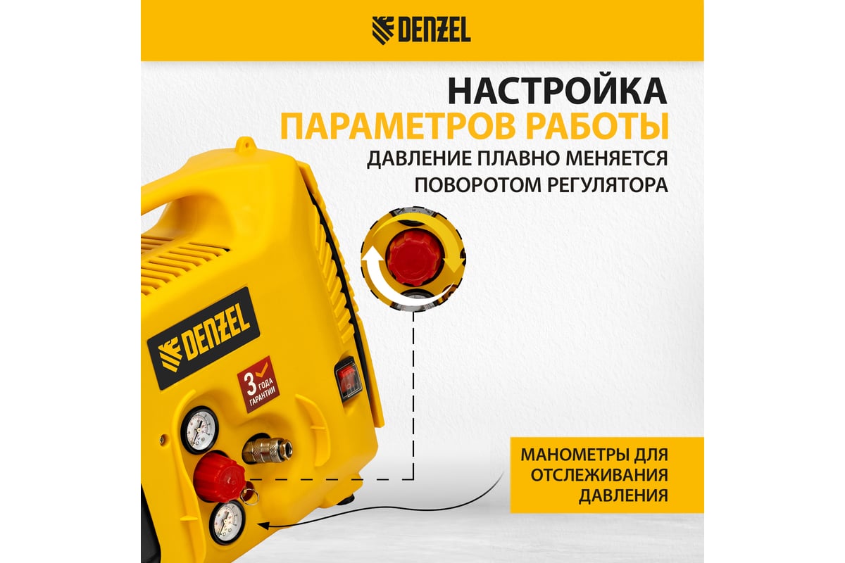 Воздушный компрессор Denzel dl1300, 10 бар, 1,3 квт, 180 л/мин, 5 л, с набором аксессуаров 58011