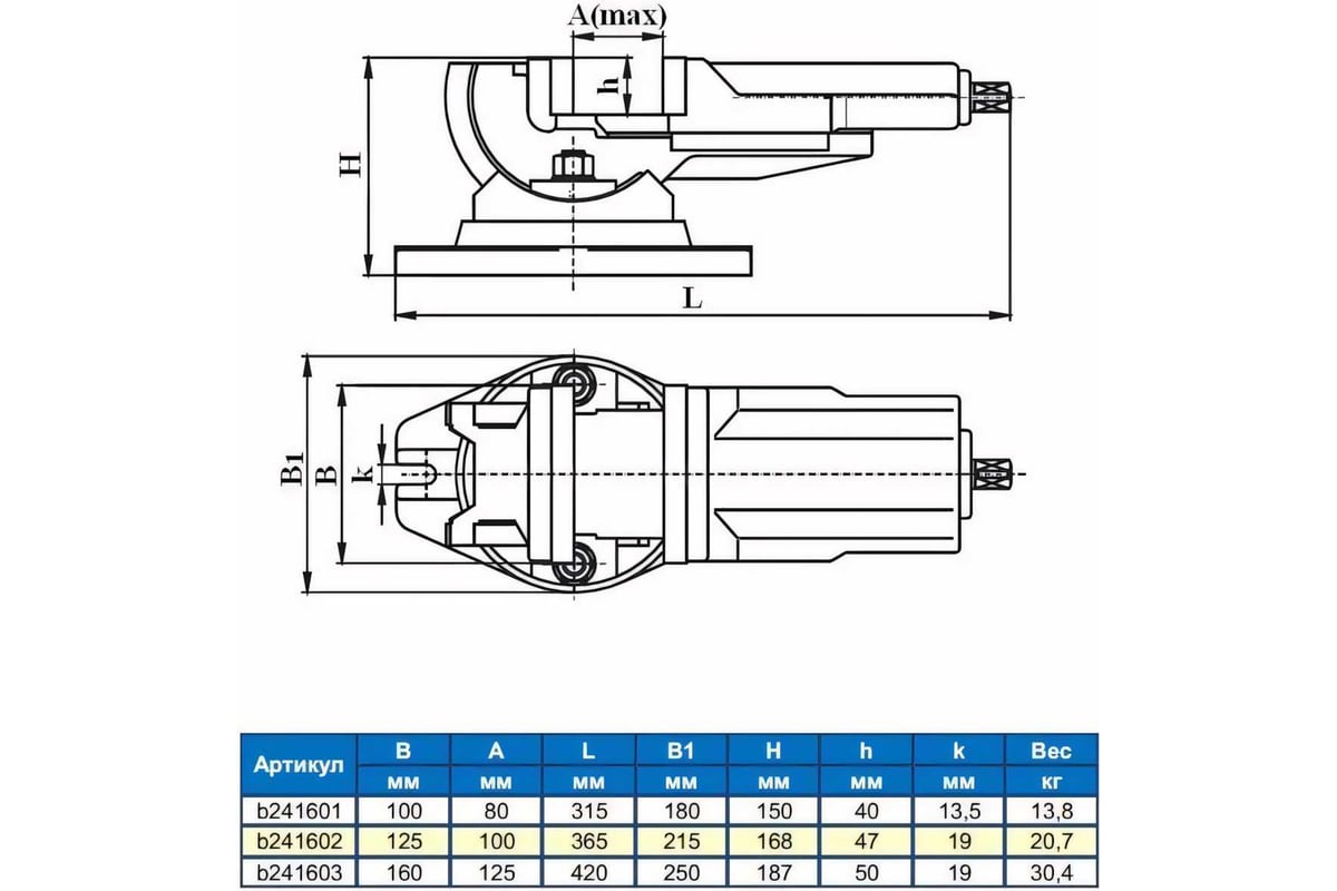 Станочные тиски Griff глобусные 160мм, Amax-125мм, вес-30.4кг, поворотные, серия QHK b241603
