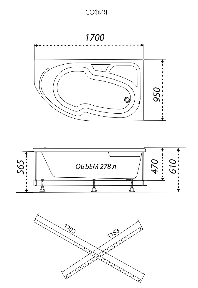 Акриловая ванна Тритон София 170x95 см R