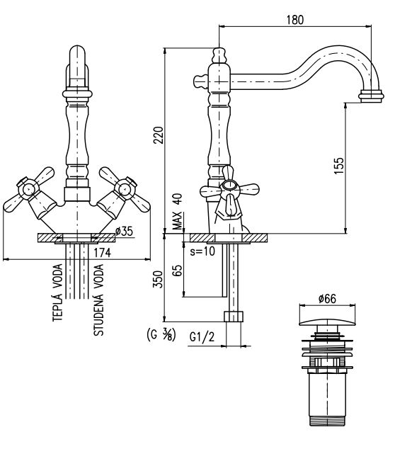 Смеситель для раковины Rav Slezak Morava Retro MK121.5/8CMATSM с донным клапаном, черный/бронза