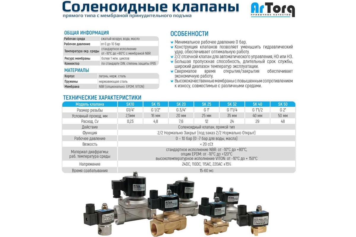 Соленоидный клапан прямого типа с мембраной принудительного подъёма ArTorq SK25N200GN.220AC 2/2 нормально закрыт, G 1”, корпус нержавеющая сталь