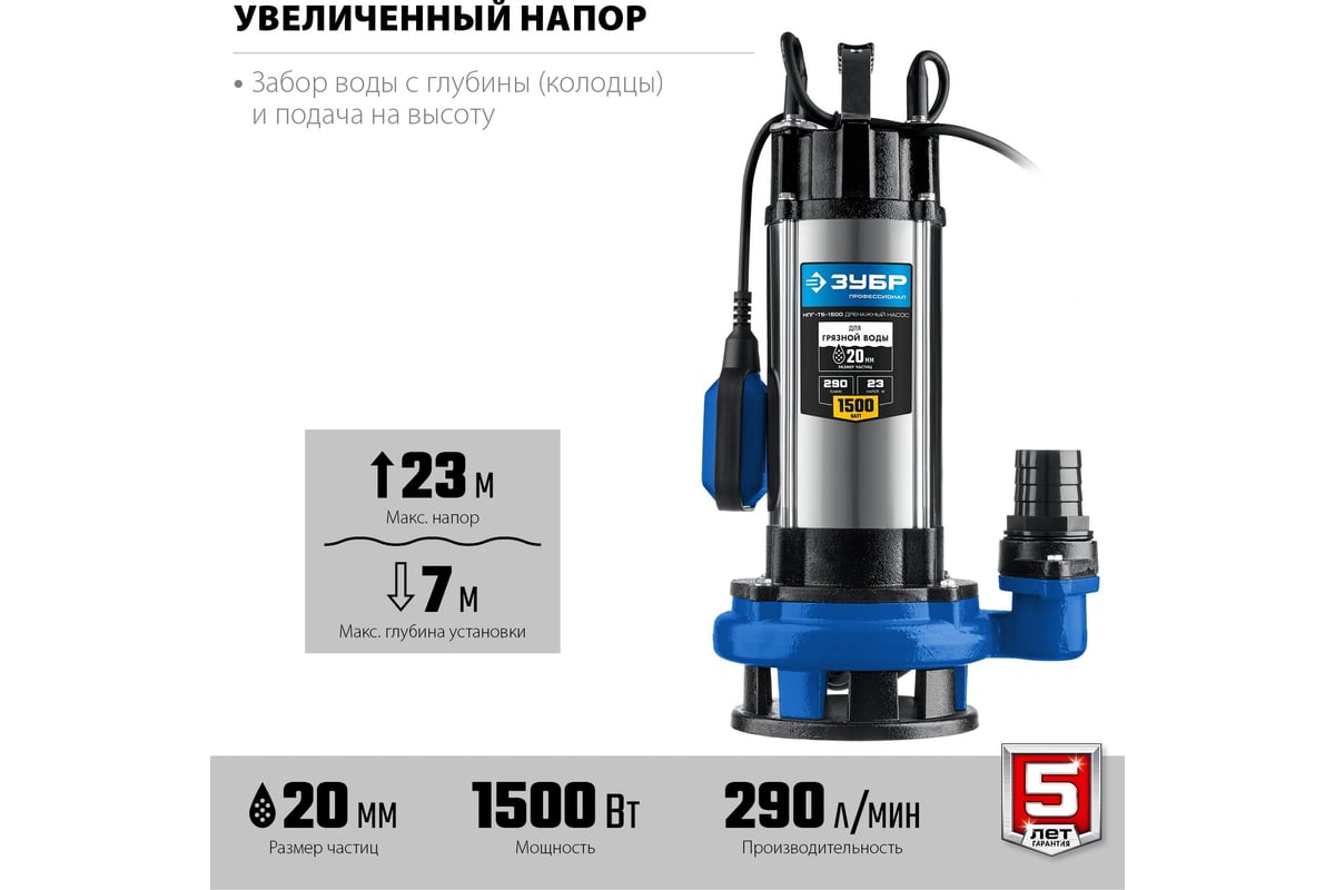 Дренажный насос с большим напором Зубр Профессионал НПГ-Т5-1500