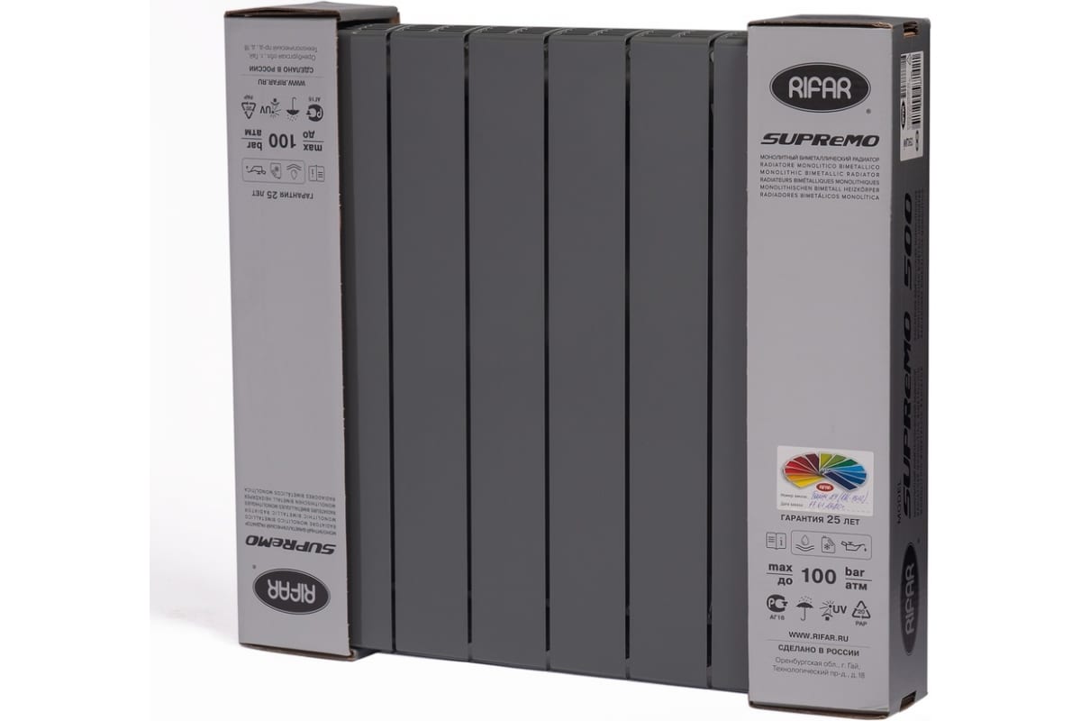 Биметаллический радиатор Rifar 55 SUPReMO 500-8, Ду 3/4, титан R S50083/47012