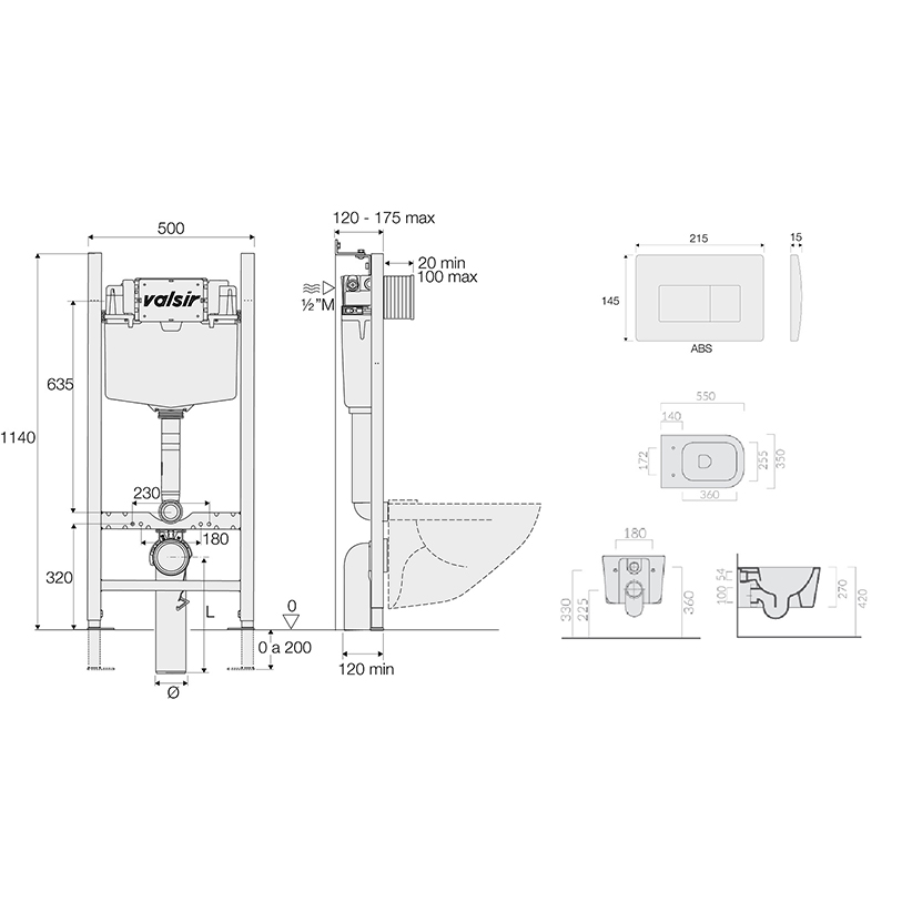 Подвесной унитаз с инсталляцией Valsir Winner S KIT VSWM 5486 Slim P1, 4в1, кнопка белый матовый