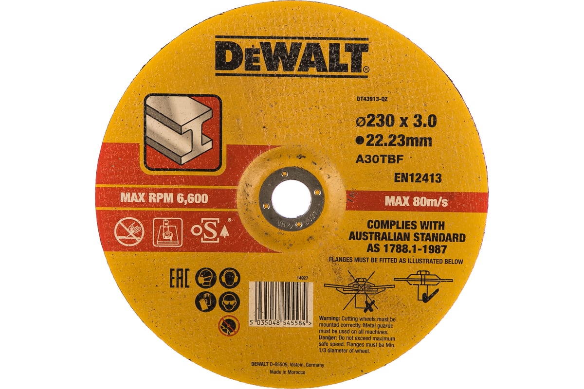 Круг отрезной по металлу (230х22.2х3 мм, тип 42) DeWalt DT43913