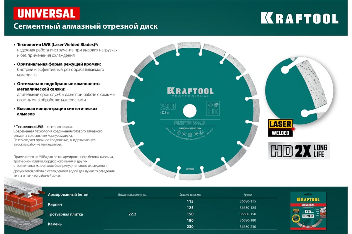 Диск алмазный сегментный по железобетону и бетону Kraftool Universal 150х22 мм 36680-150
