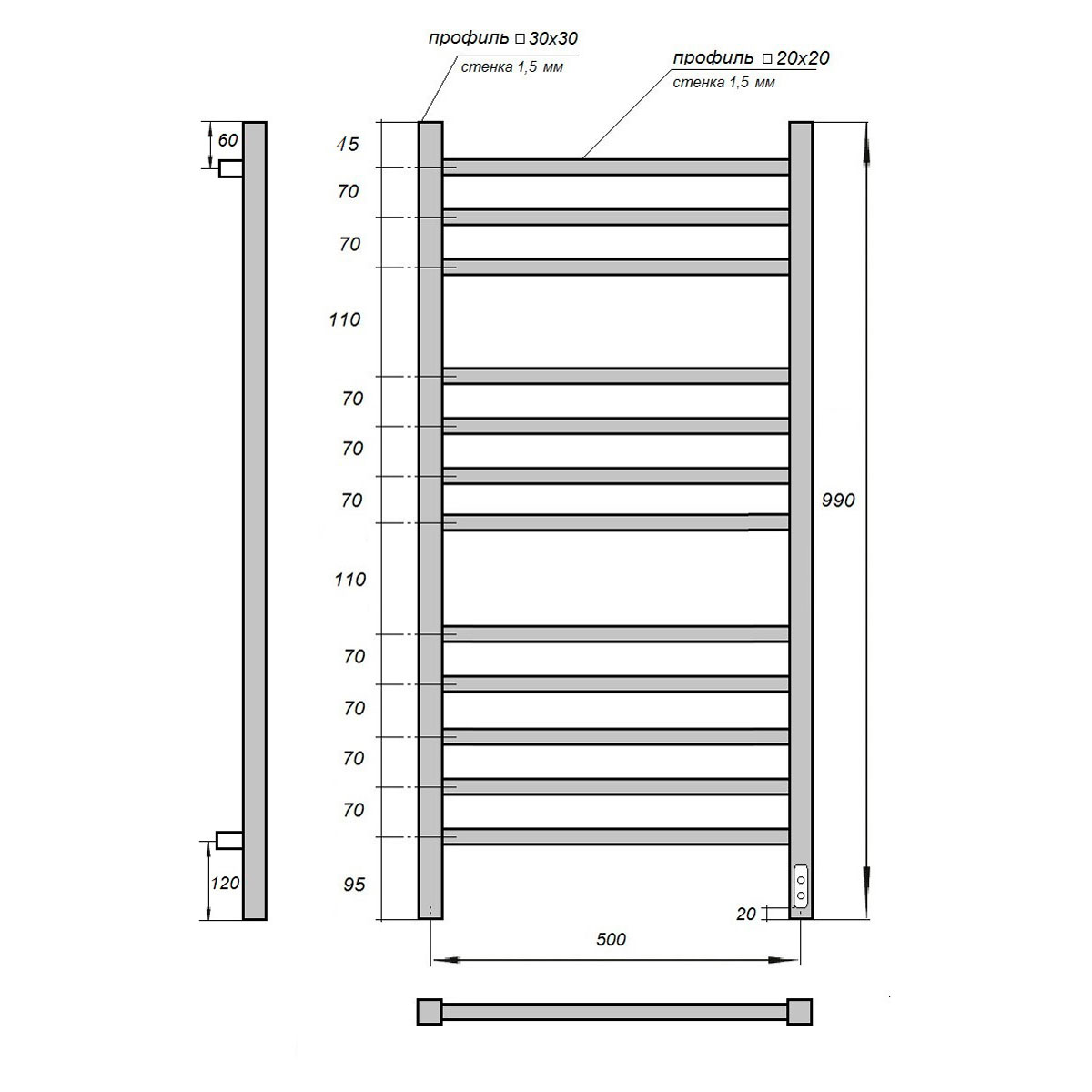 Полотенцесушитель электрический Point Вега PN71850 П12 50x100 диммер справа, хром