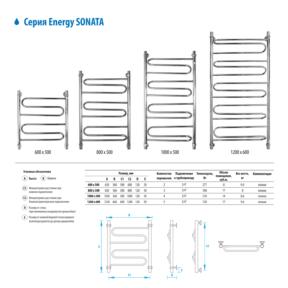 Полотенцесушитель водяной Energy Sonata EWTRSONAT0605 50x60 хром