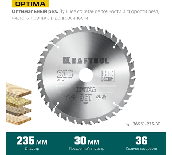 Диск пильный по дереву Kraftool Optima 235x30 мм, 36T KRAFTOOL 36951-235-30