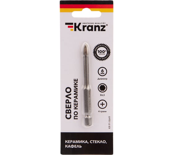 Сверло по стеклу и керамике 6 мм, 4 грани, шестигранный хвостовик Kranz KR-91-0649