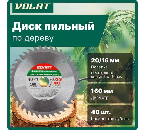 Диск пильный по дереву 160x20/16 мм, 40 зубьев ВОЛАТ 88120-40