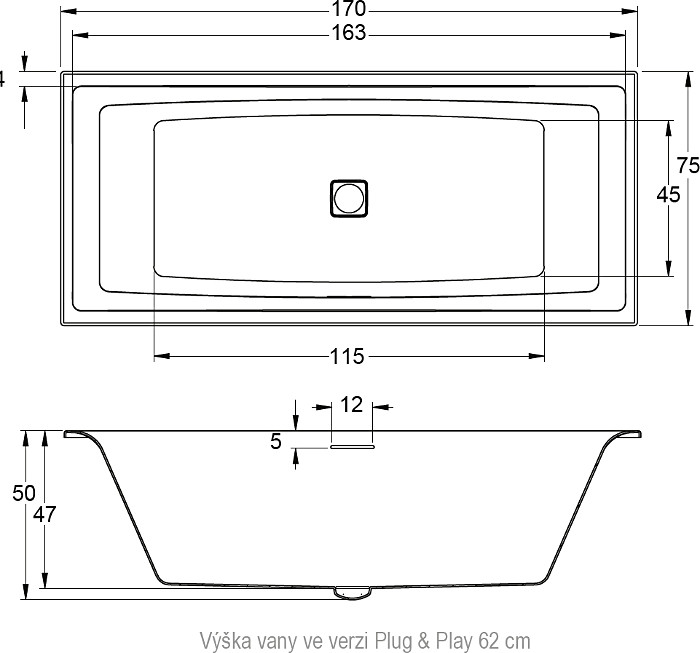 Акриловая ванна Riho Still Square Plug&Play 170x75 см L с монолитной панелью