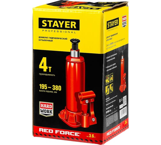 Гидравлический бутылочный домкрат Stayer RED FORCE, 4т, 195-380 мм, 43160-4 43160-4_z01