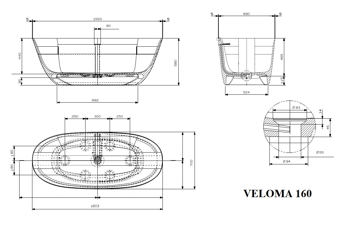 Ванна из искусственного камня Plumberia Selection Veloma 160BD 160x70 см белый матовый/Blu Denim