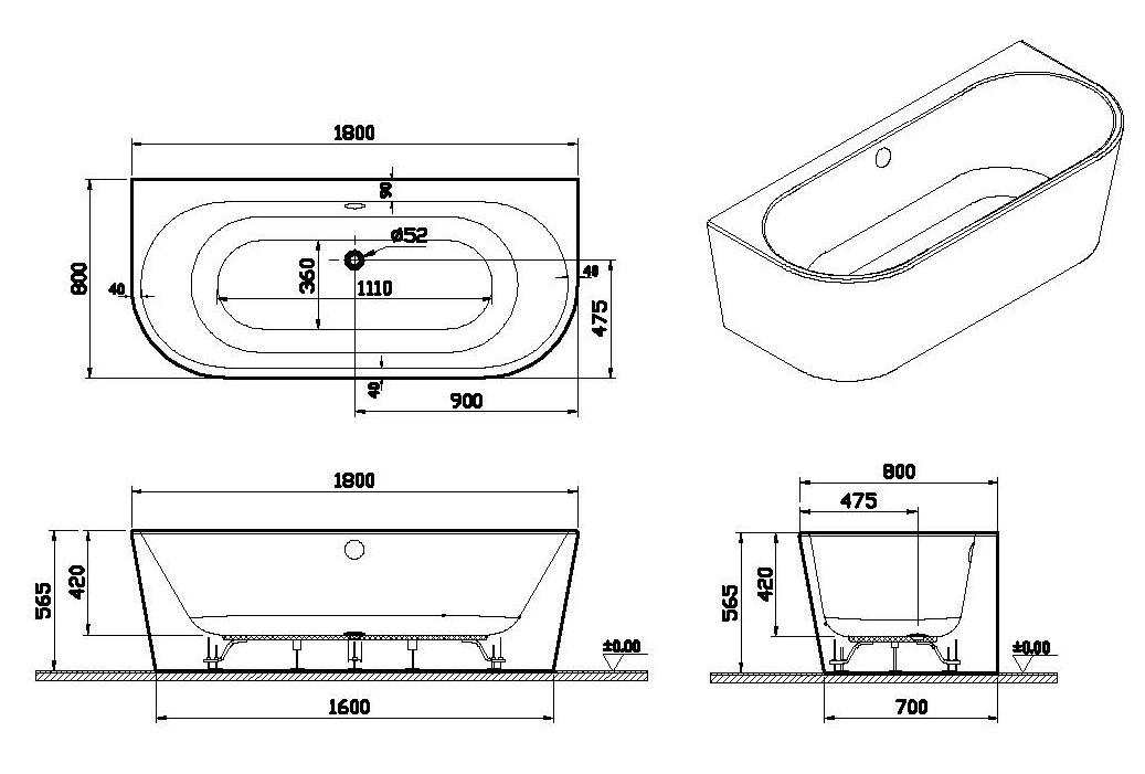 Акриловая ванна Vitra Geo 180x80 см, 65420006000