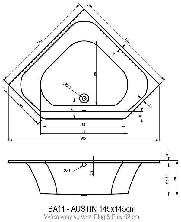 Акриловая ванна Riho Austin Plug & Play 145x145, с монолитной панелью