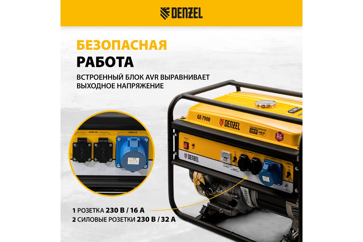 Бензиновый генератор 6,5 кВт, 220В/50Гц, 25 л Denzel GE 7900 94638