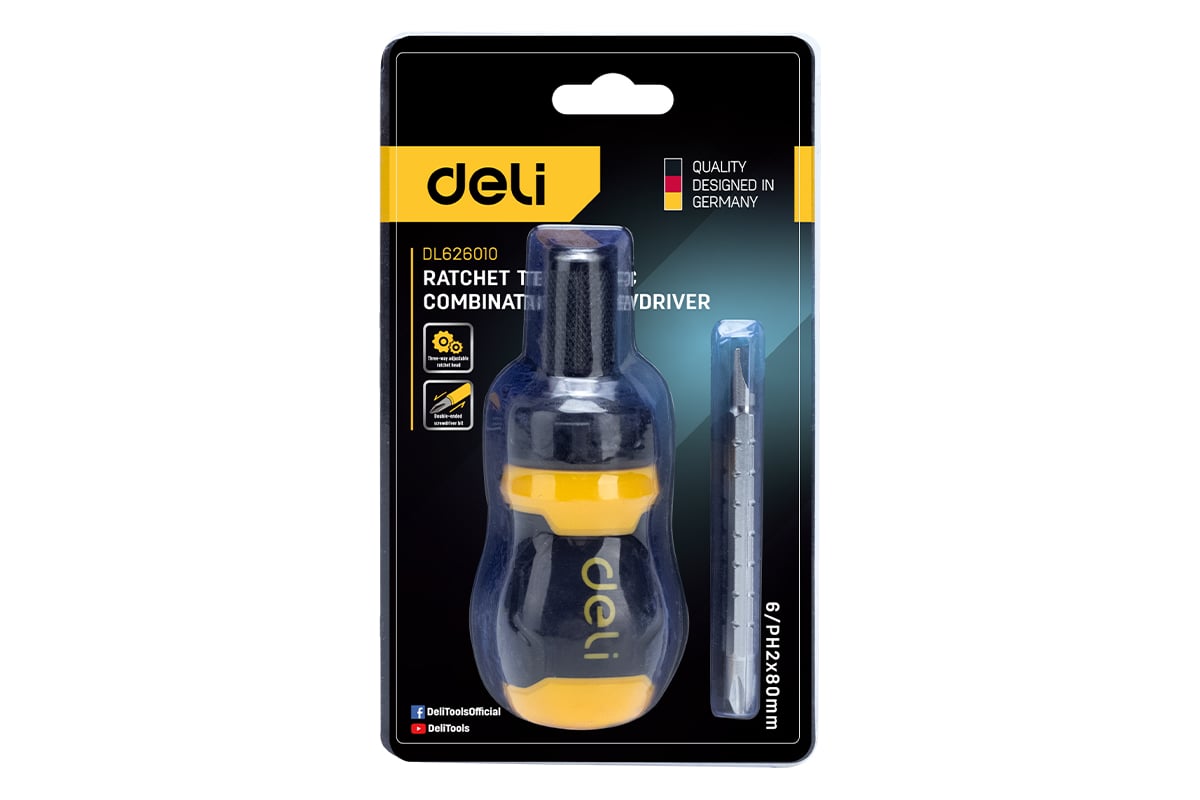 Двухсторонняя отвертка Deli с трещоткой, PH2+SL6 DL626010 (Cr-V, регулируемая длина 110-150мм, диаметр хвостовика 6мм) 98381