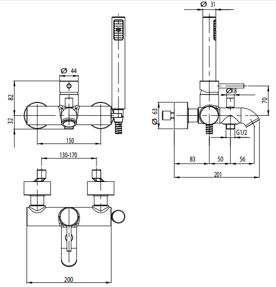 Смеситель для ванны M&Z MZ-Expo, MZE00500 с душем, хром