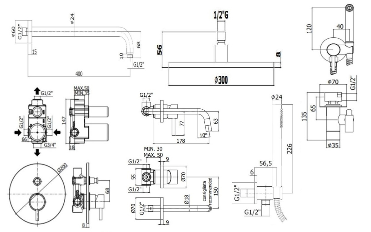 Душевой набор Paffoni Light KITZLIG015HG006KING душ 30 см, медовое золото