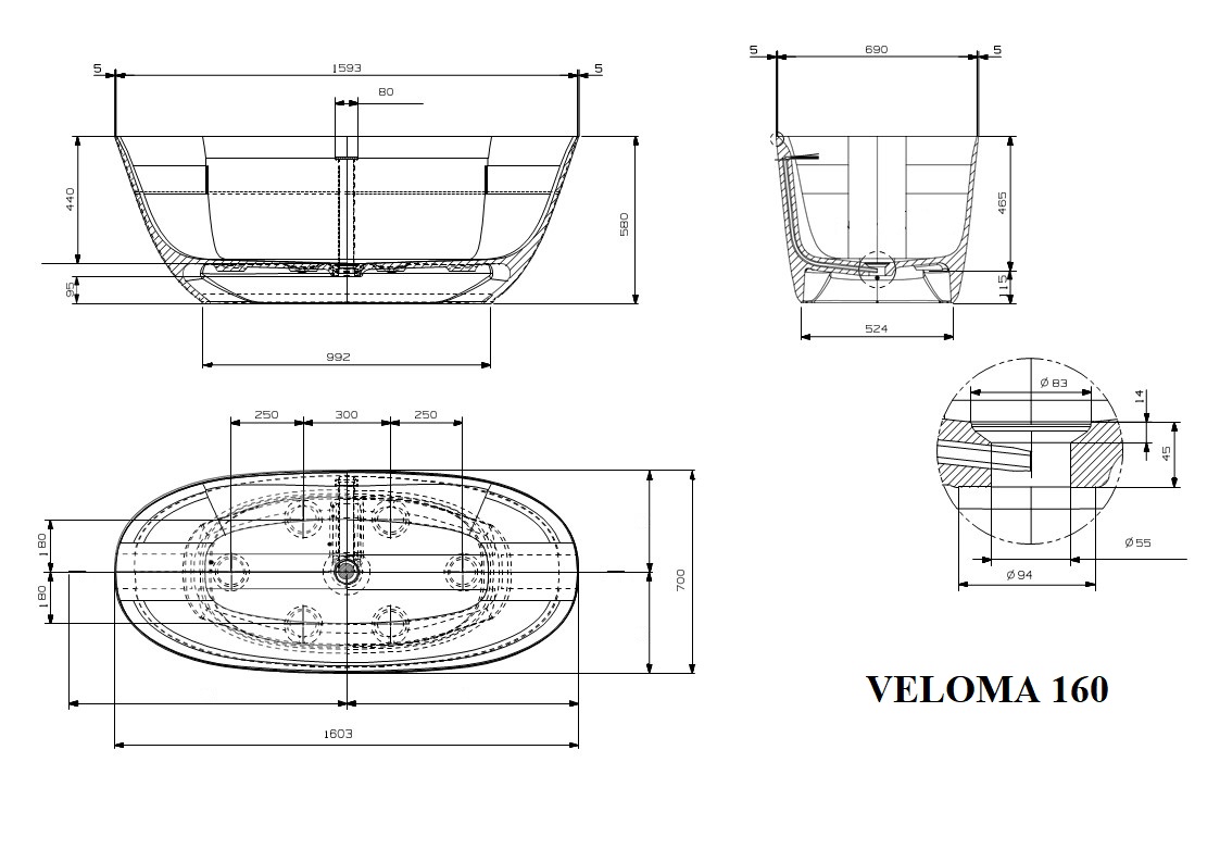 Ванна из искусственного камня Plumberia Selection Veloma 160BO 160x70 см белый матовый