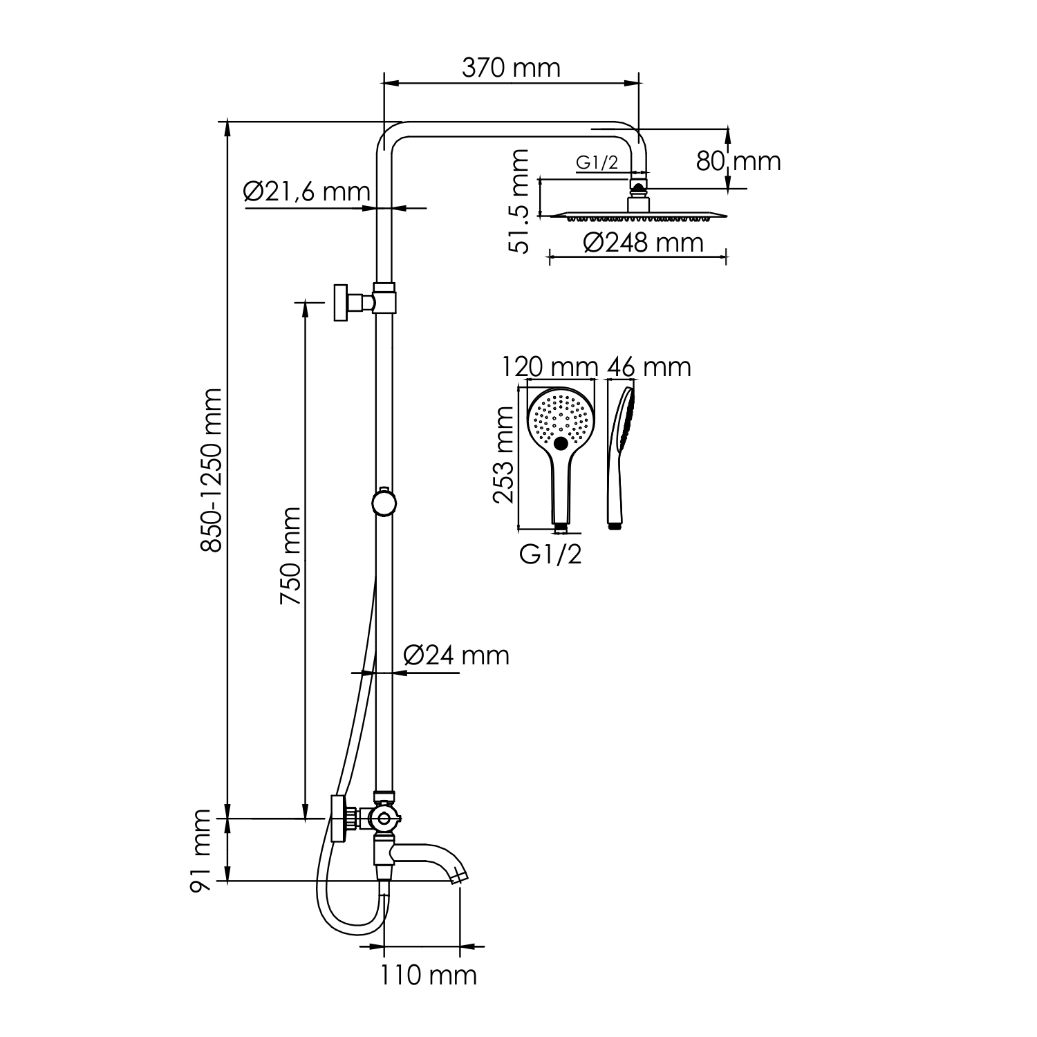 Душевая стойка WasserKRAFT A288.258.078.BM Thermo с термостатом, черный матовый