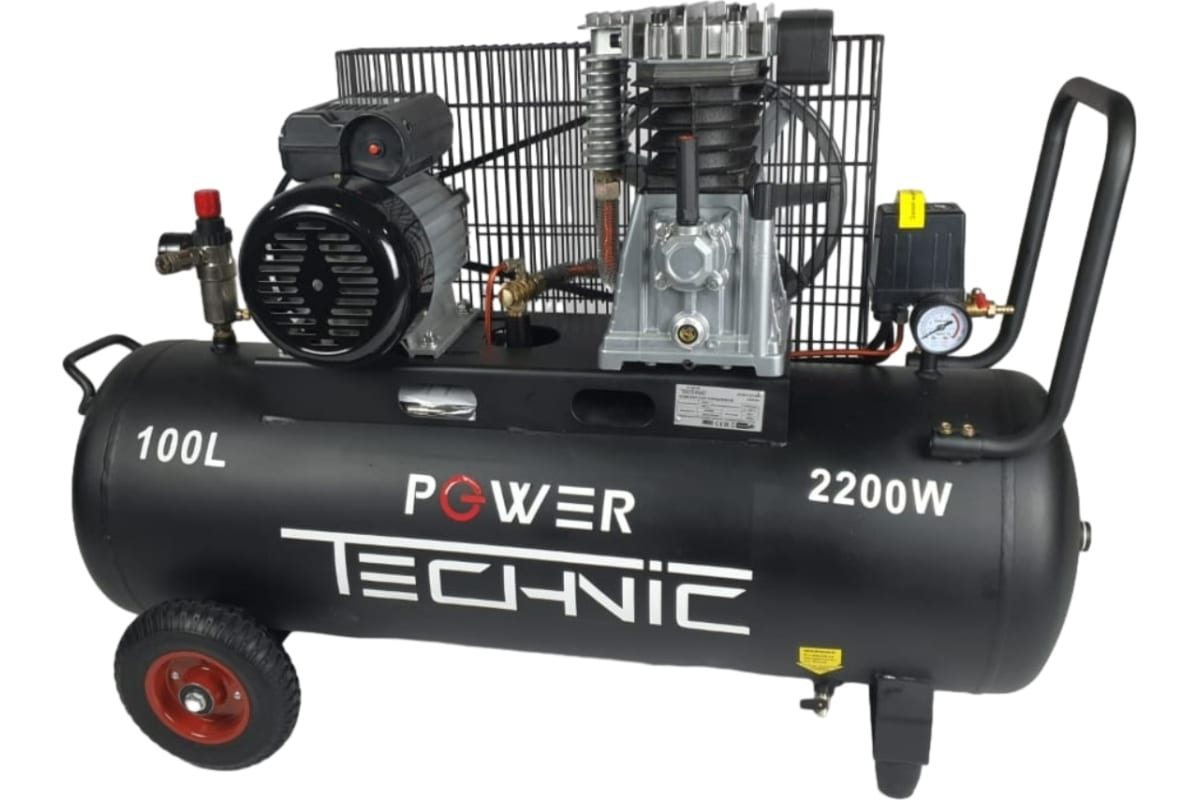 Ременной масляный компрессор Power Technic 220 в, 2200 вт, 2850 об/мин, 470 л/мин, 100 л, 0-10 бар, выходы 3 шт, фильтр влагоотделитель ACB470/100