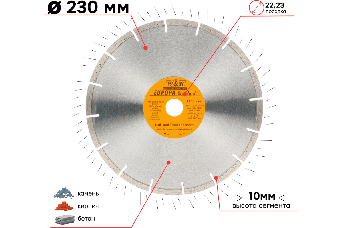 Диск алмазный отрезной по бетону и камню Europa 230x22.2xZ16/10x2.6мм TORGWIN S38066