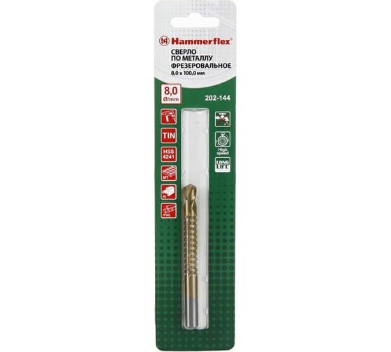 Сверло фрезеровальное по металлу Flex 202-144 DR MT (8х100 мм; HSS-4241 TIN) Hammer 62434