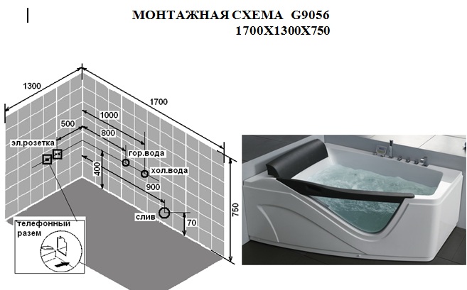 Акриловая ванна Gemy G9056 K L 170x130 см