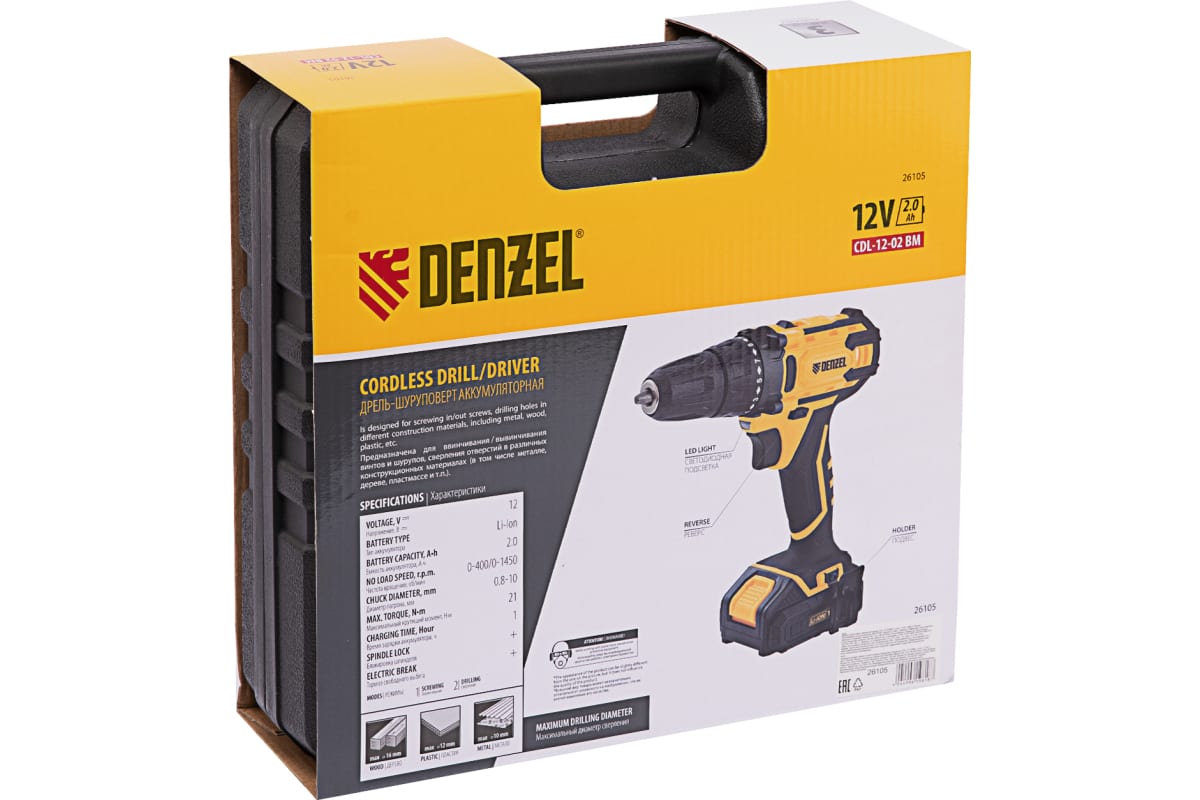 Аккумуляторная дрель-шуруповерт Denzel CDL-12-02BM, Li-Ion, 12 В, 2 аккумулятора 26105