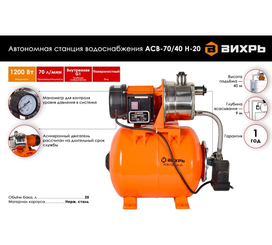 Автономная станция водоснабжения Вихрь АСВ-70/40 Н-20 68/1/17