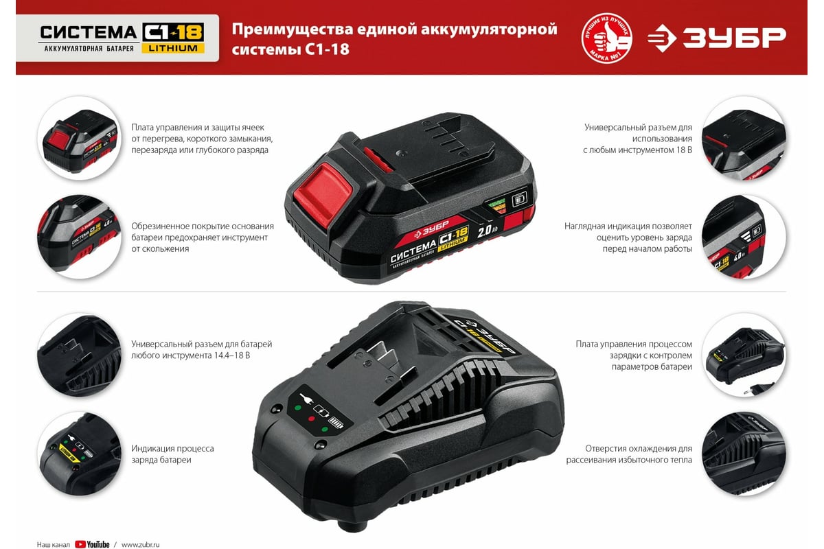 Аккумуляторная батарея Зубр 18В, Li-Ion, 2Ач, тип С1 АКБ-С1-18-2