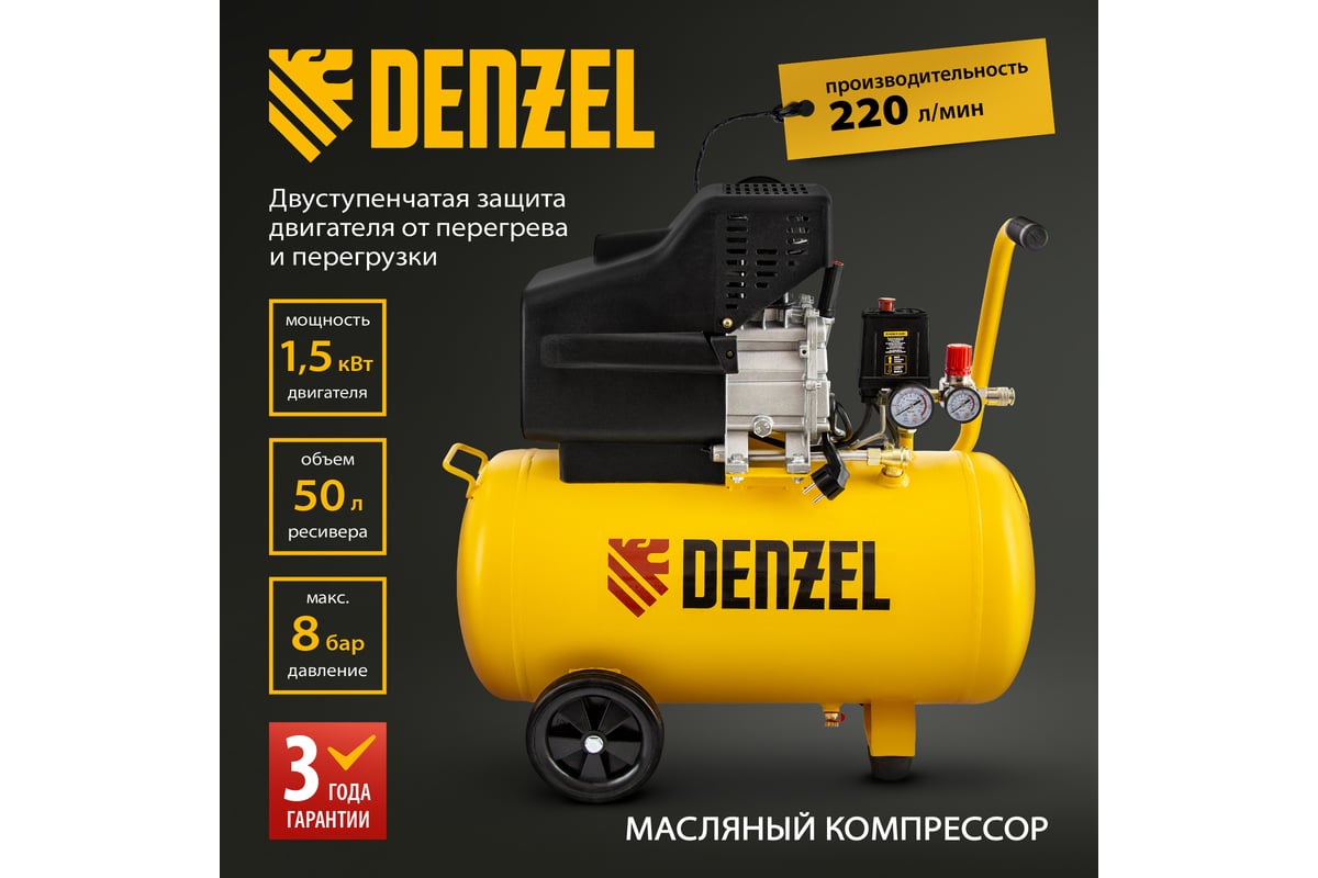 Воздушный компрессор с прямым приводом Denzel DC1500/50 1,5 кВт, 50 литров, 220 л/мин 58161