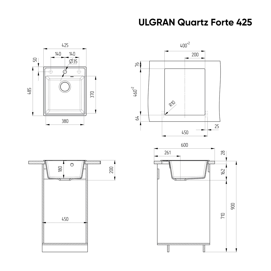 Кухонная мойка Ulgran Quartz Forte 425-07 42.5 см уголь