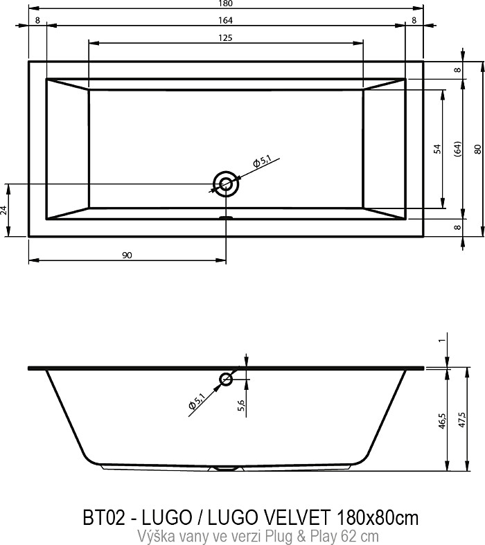 Акриловая ванна Riho Lugo Plug&Play 180x80 см L с монолитной панелью