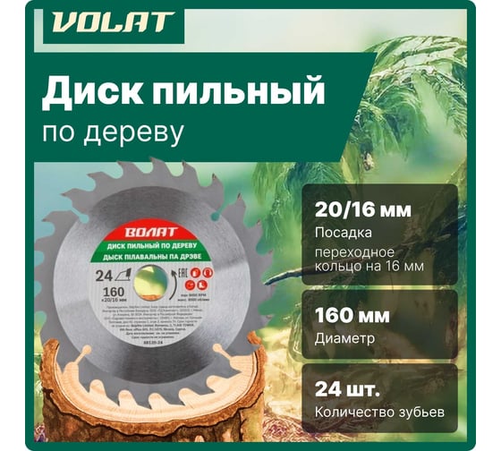 Диск пильный по дереву 160x20/16 мм, 24 зуба ВОЛАТ 88120-24