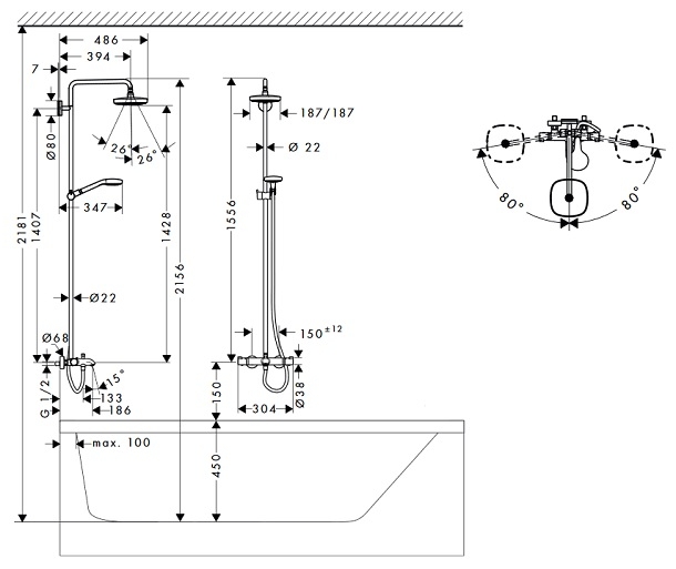 Душевая стойка Hansgrohe Croma Select E 180 2jet Showerpipe 27352400 с термостатом