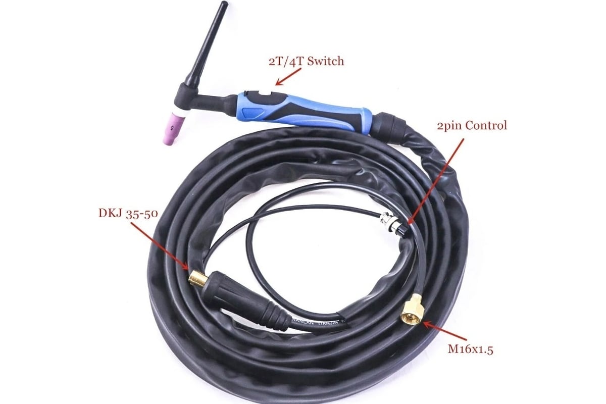 Горелка TIG WP 26 FX (4 м, M16x1.5, 2 pin, 35-50, воздушное охлаждение, AC160А/DC250A, 0.5-3.2 мм) Энаргит WP26FX-4-M16-2P-3550