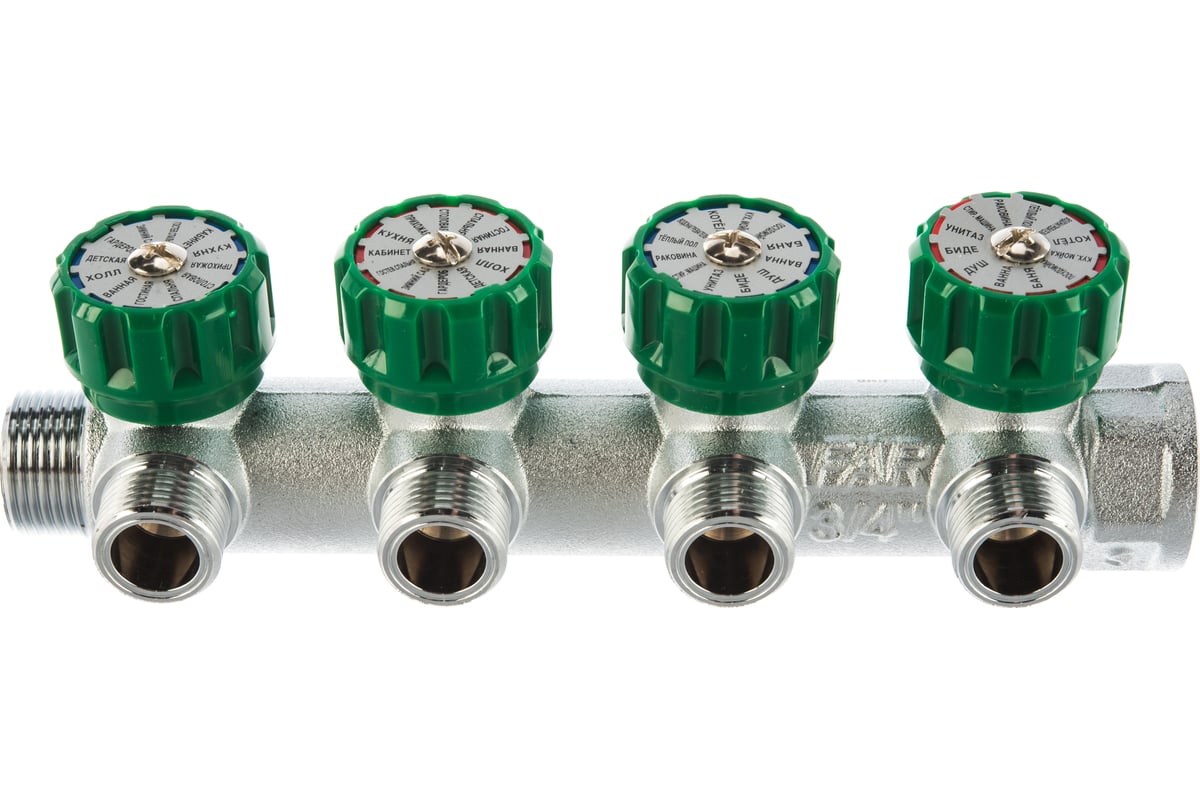 Регулирующий коллектор FAR 3/4" ВР-НР с 4 отв. 1/2" НР межосев. 45 мм, плс.упл. FK 3824 3412TP