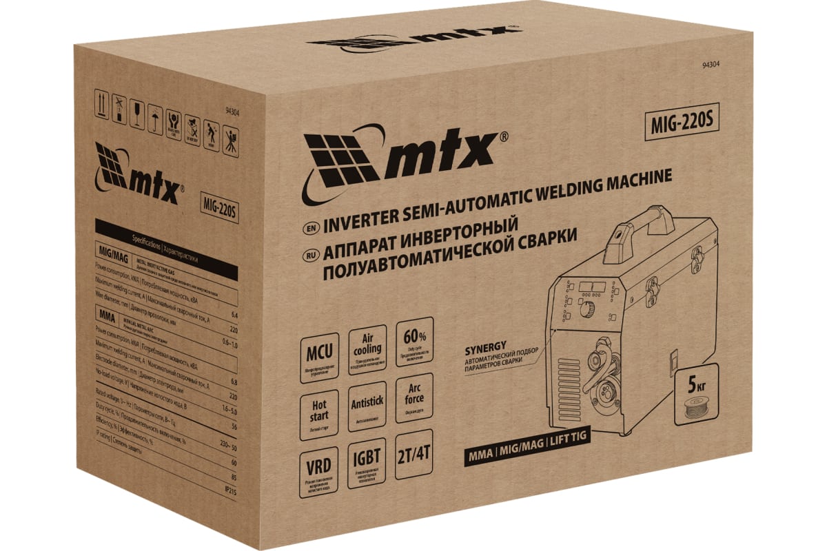 Инверторный аппарат полуавтоматической сварки MTX mig-220s, 220a, катушка 5 кг 94304