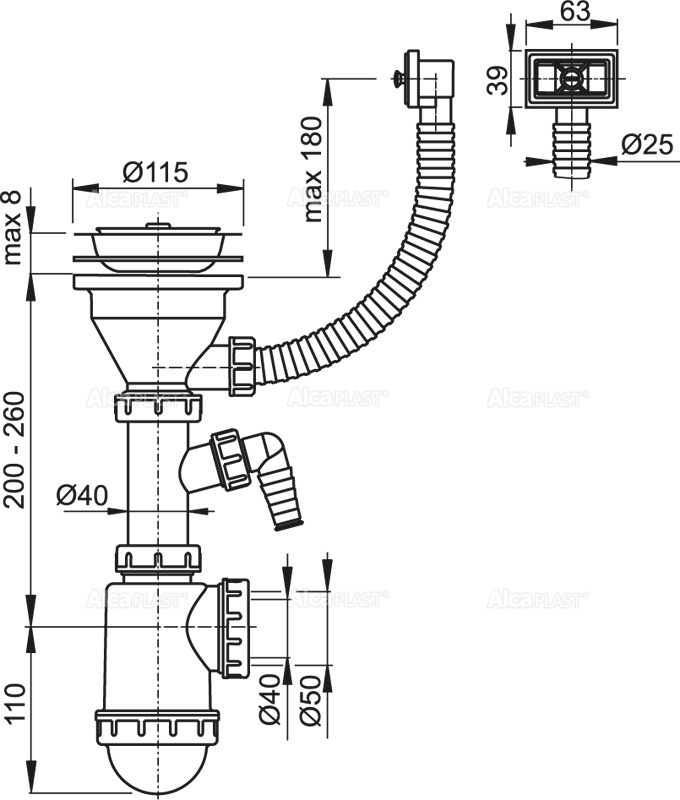 Сифон для мойки Alcaplast с нержавеющей решеткой DN115, гофропереливом и штуцером