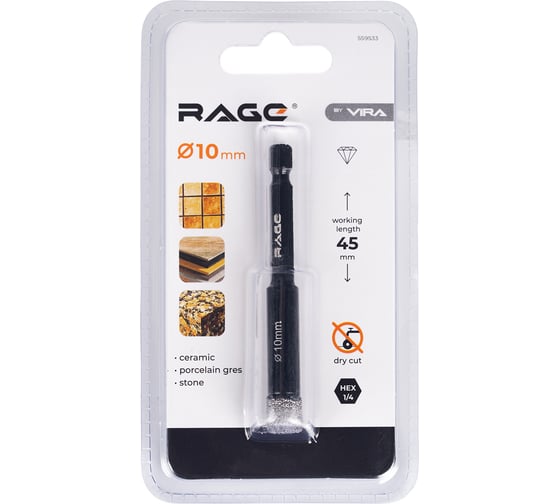 Коронка алмазная по керамограниту 10 мм с шестигранным хвостовиком RAGE by VIRA 559533