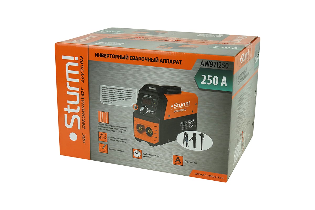 Сварочный инвертор Sturm 250А, ПВ 60%, 170-250В, HotStart/AntiStick/ArcForce AW97I250