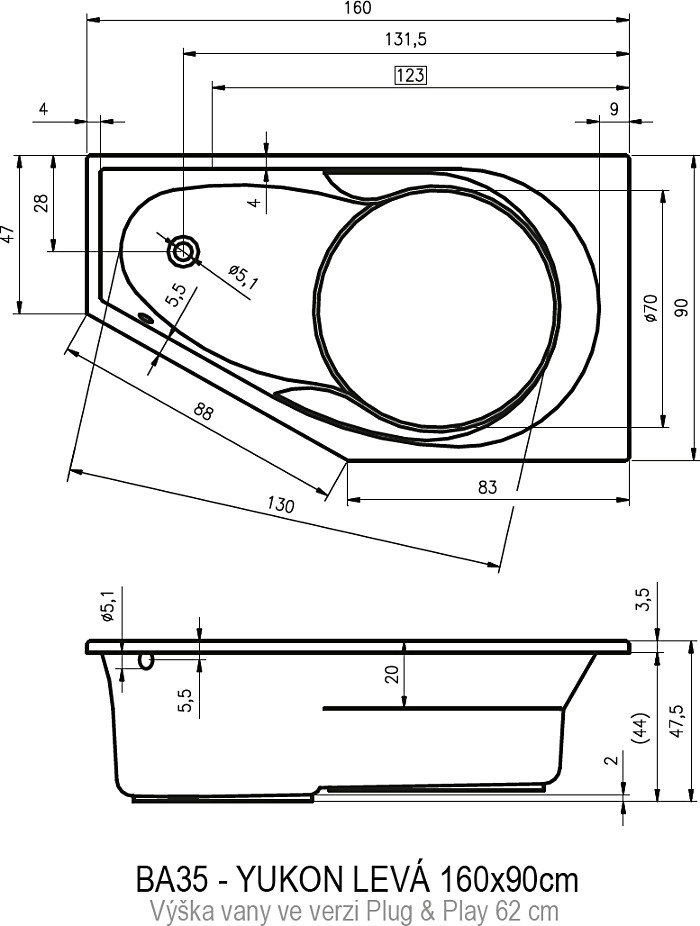 Акриловая ванна Riho Yukon Plug&Play 160x90 см L с монолитной панелью