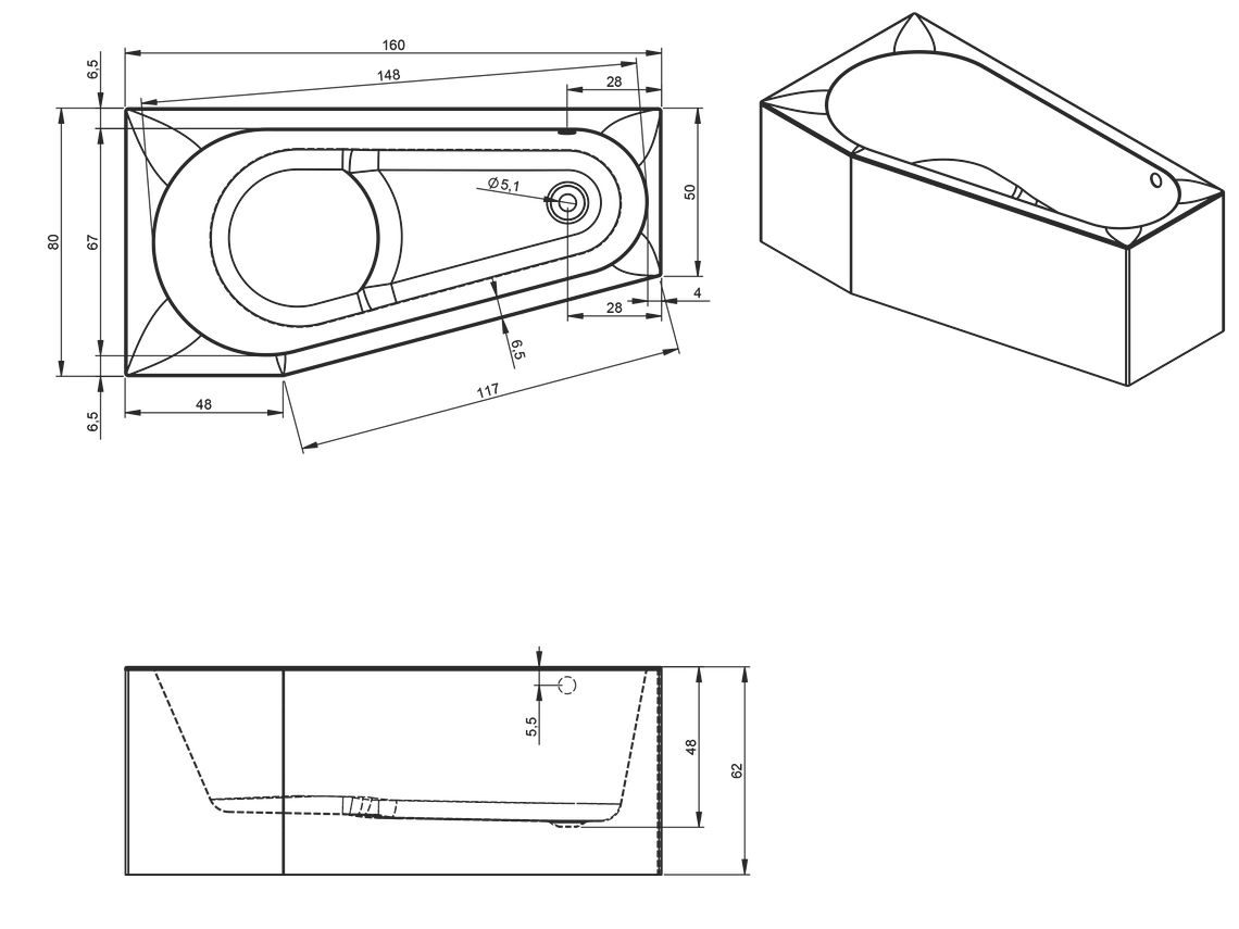 Акриловая ванна Riho Delta Plug & Play 160x80 R, с монолитной панелью