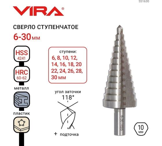 Сверло ступенчатое по металлу 6-30 мм VIRA 551630
