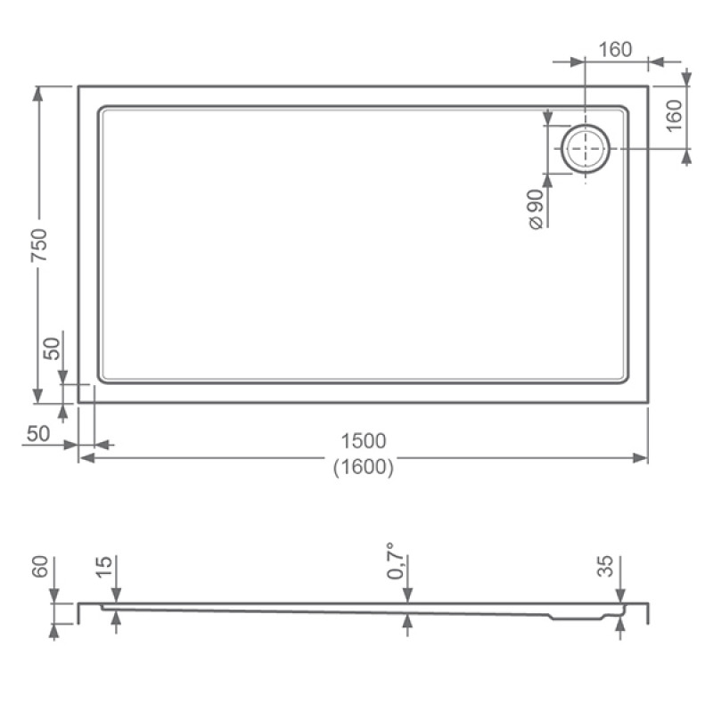 Поддон для душа Roltechnik Flat Kvadro 160x75 прямоугольный