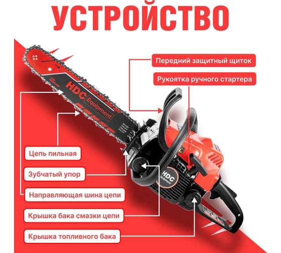 Бензопила HDC HD-C180 шина 40 см (16), 3/8 LP, 1.3 мм, 55 зв. HD6210-3