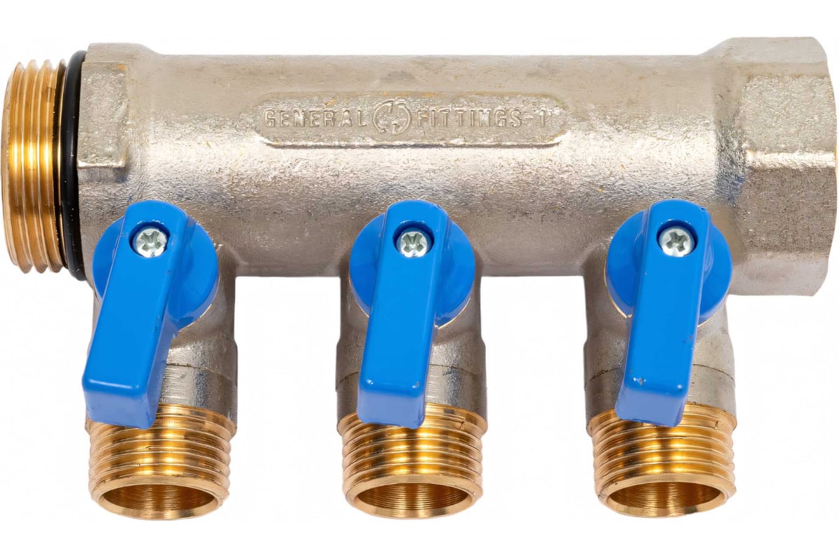 Коллектор с шаровыми кранами STOUT Smb 6211 011203 1", 3 отвода 1/2", синие ручки RG0091AACQMBJO